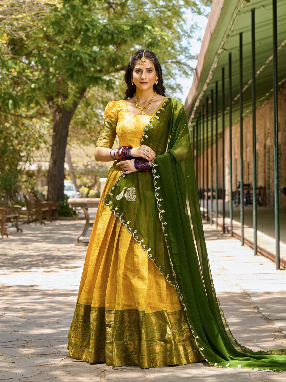 Lovely Yellow Zari Woven Kanchipuram Silk Traditional Half Saree Lehenga