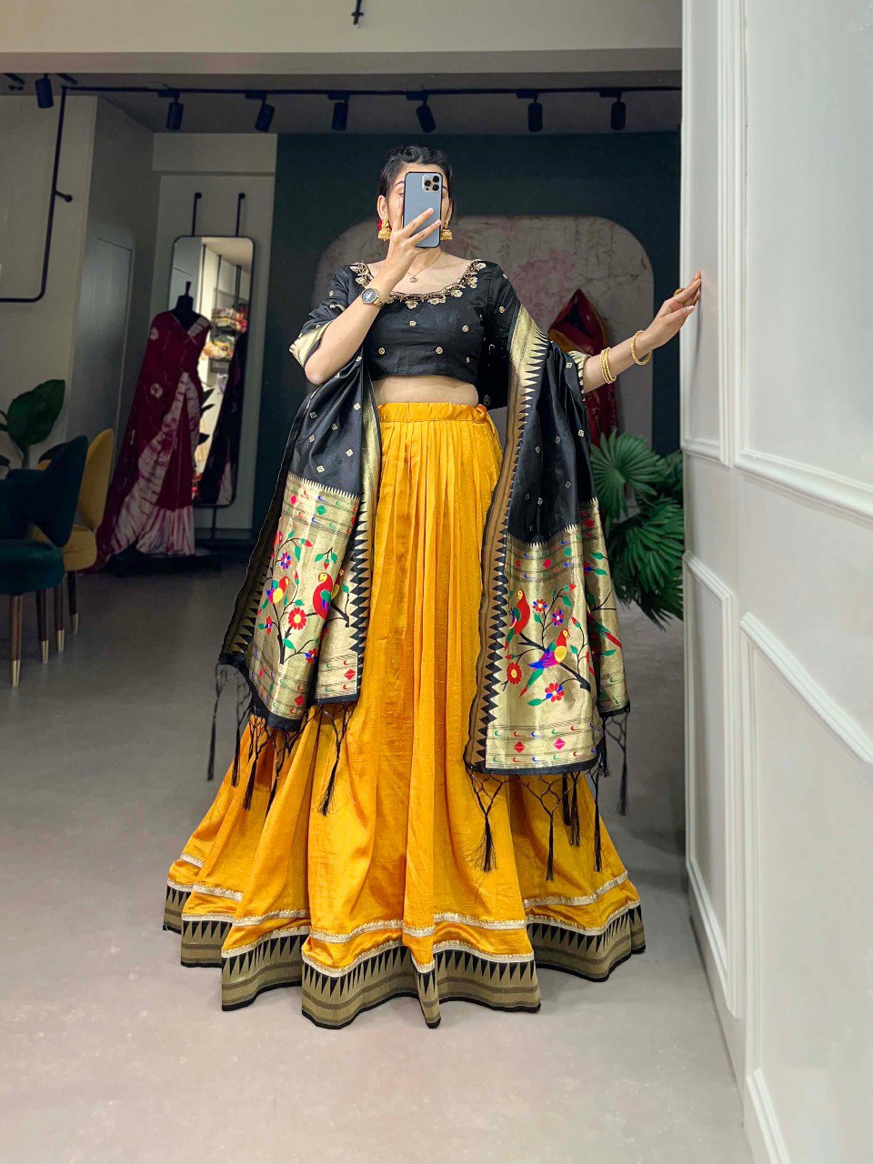 Yellow Color Vichitra Silk Lehenga Choli Set with Timeless Paithani Elegance