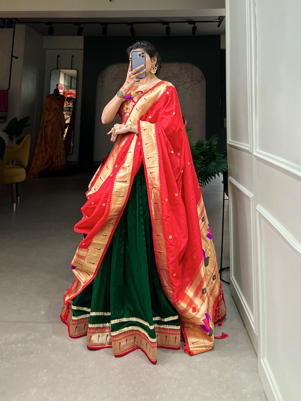 Green Color Plain With Paithani Lace Border Vichitra Silk Lehenga Choli