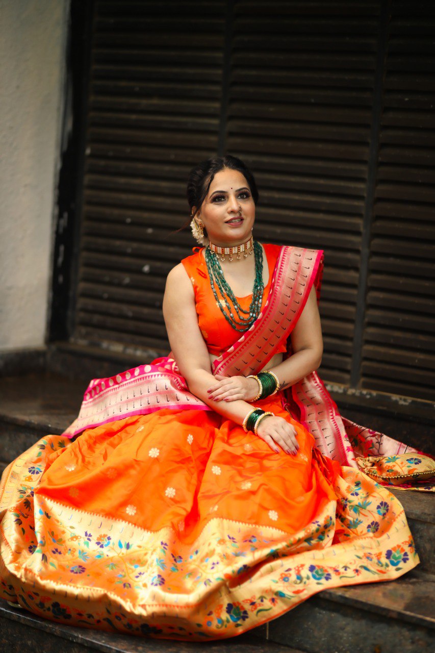 Designer Orange Color Jacquard Paithani silk Lehenga Choli