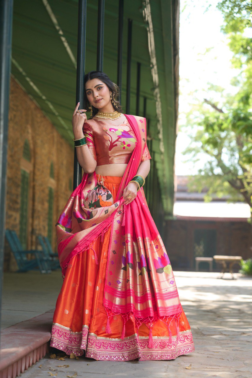 Orange Color Jacquard Silk Paithani Lehenga With Zari Work Lehenga Choli Set