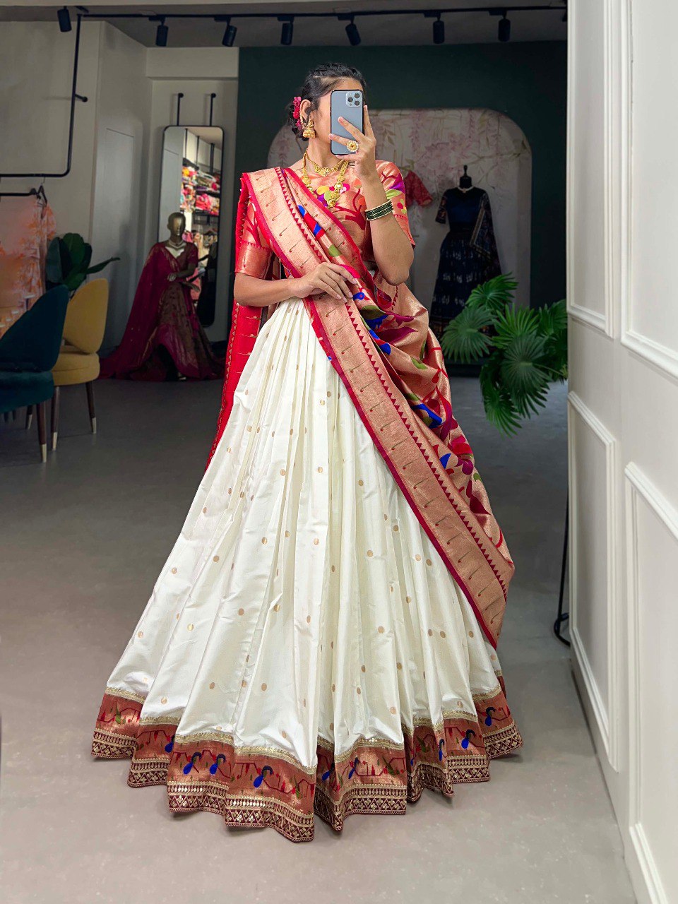 White Color Jacquard Paithani silk Lehenga Choli