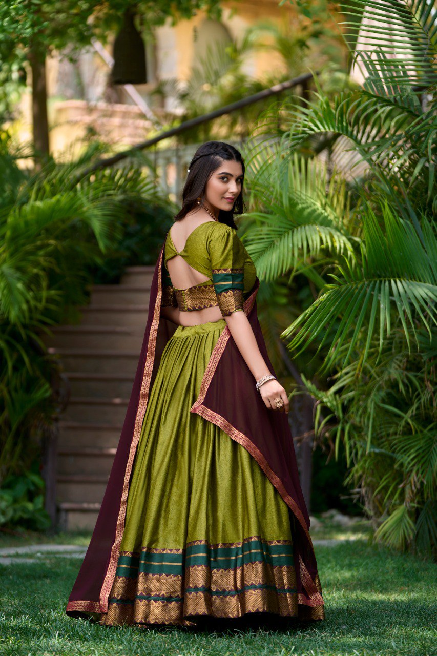 Green Printed Cotton Zari Weaving Work Lehenga Set