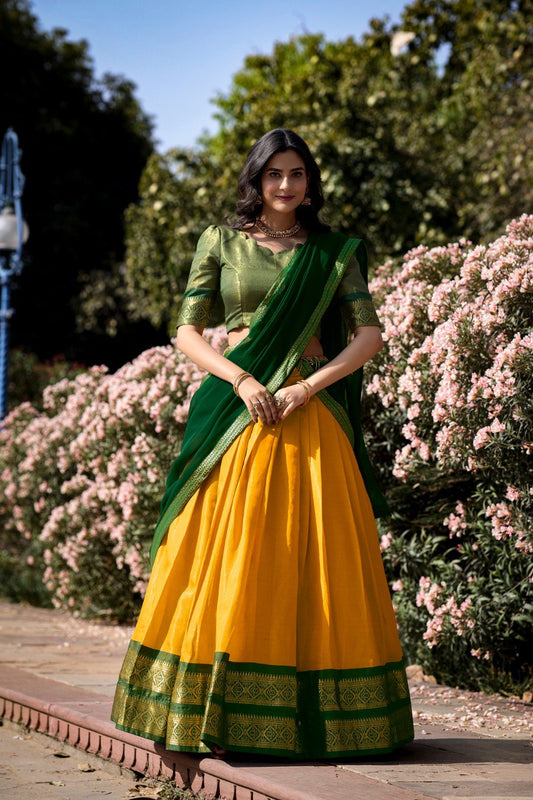 Yellow Breathtaking South-Indian Kanchipuram Silk Lehenga Choli Set with Zari Weaving