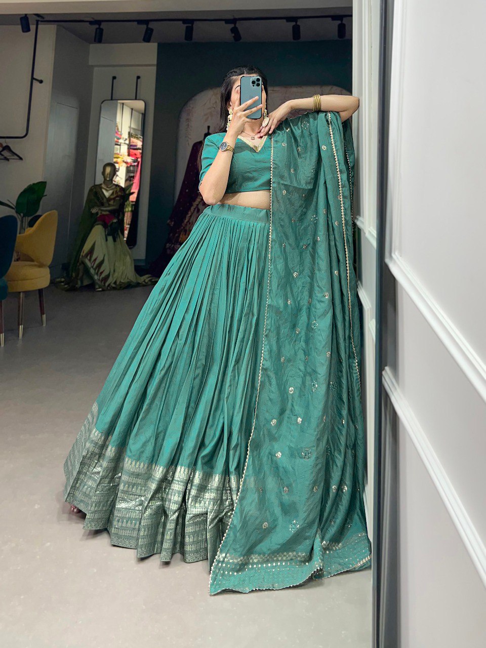 Sea Green Pure Chanderi Lehenga Choli Set with Zari Border & Sequin Dupatta