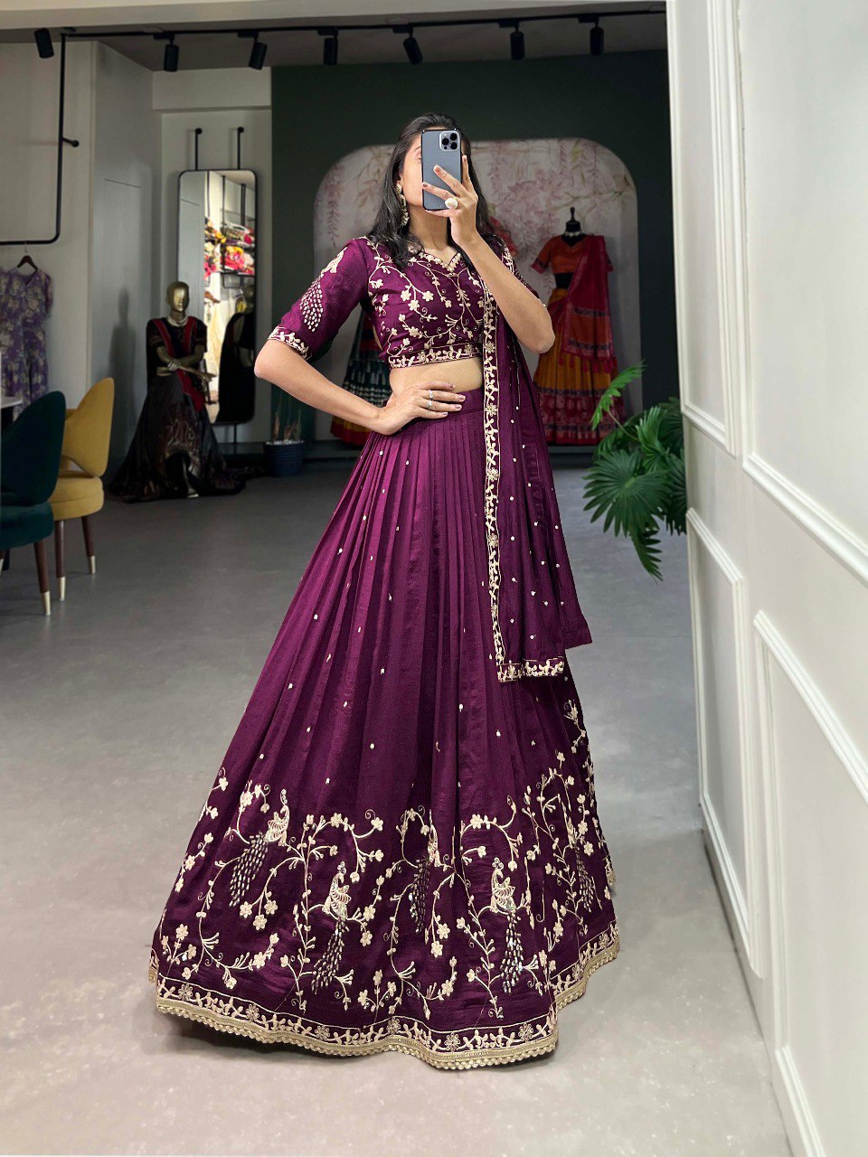 Wine Color Vichitra Silk Sequence Embroidery Lehenga Choli