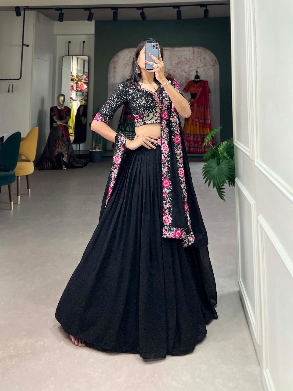 Pretty Black Sequins Georgette Party Wear Lehenga Choli With Dupatta