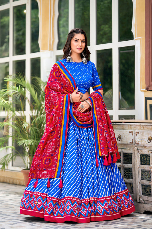 Royal Blue Tussar Silk Lehenga Choli with Leheriya Print, Patola Border & Bandhani Dupatta