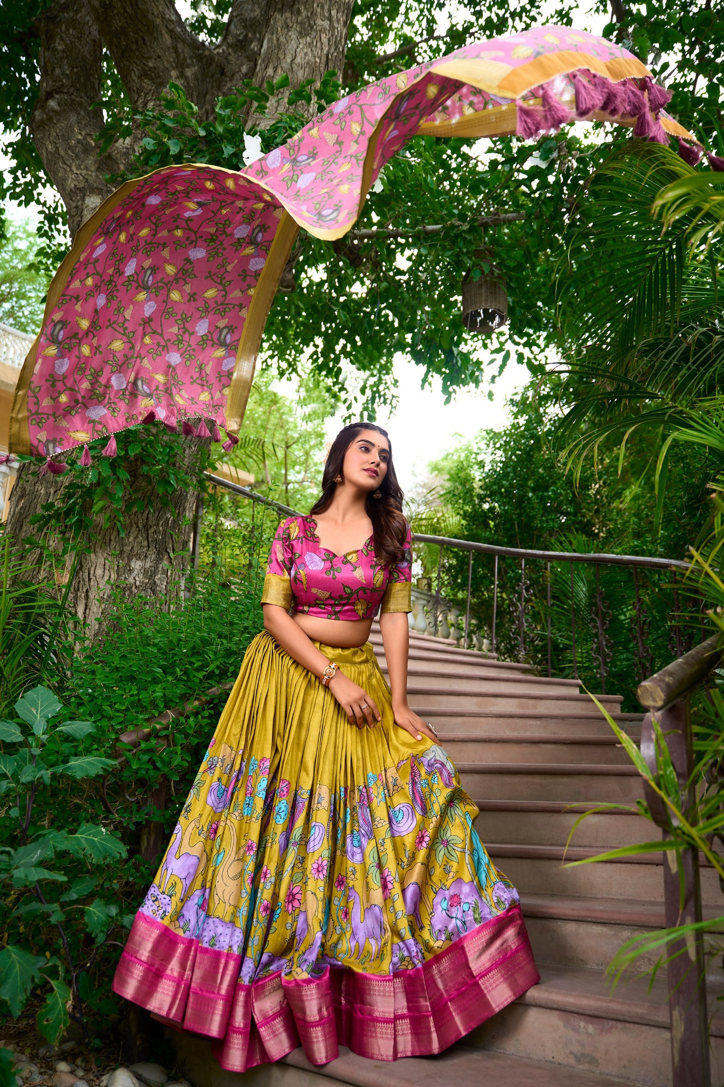 Mustard Yellow Kalamkari Dola Silk Lehenga Choli Set with Zari Borders