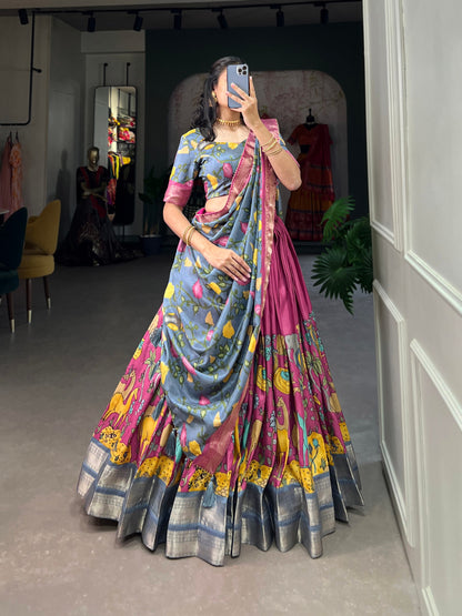 Pink Zari Weaving Kalamkari Print Lehenga Choli Set