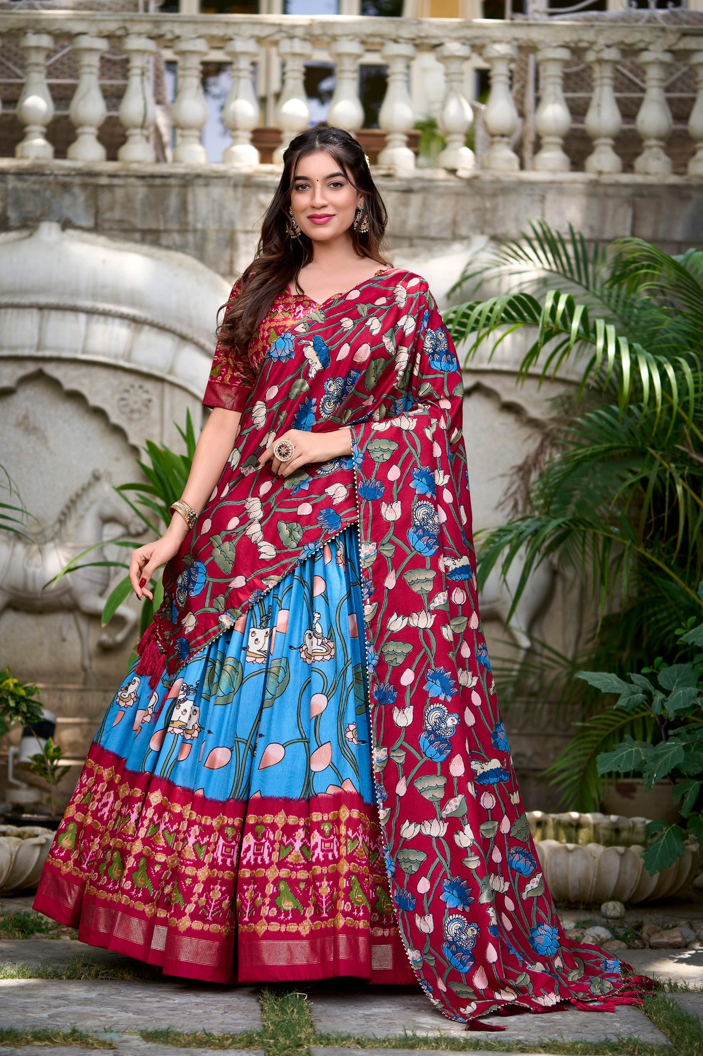 Firozi Blue Tussar Silk Lehenga Choli with Pichwai & Patola Prints