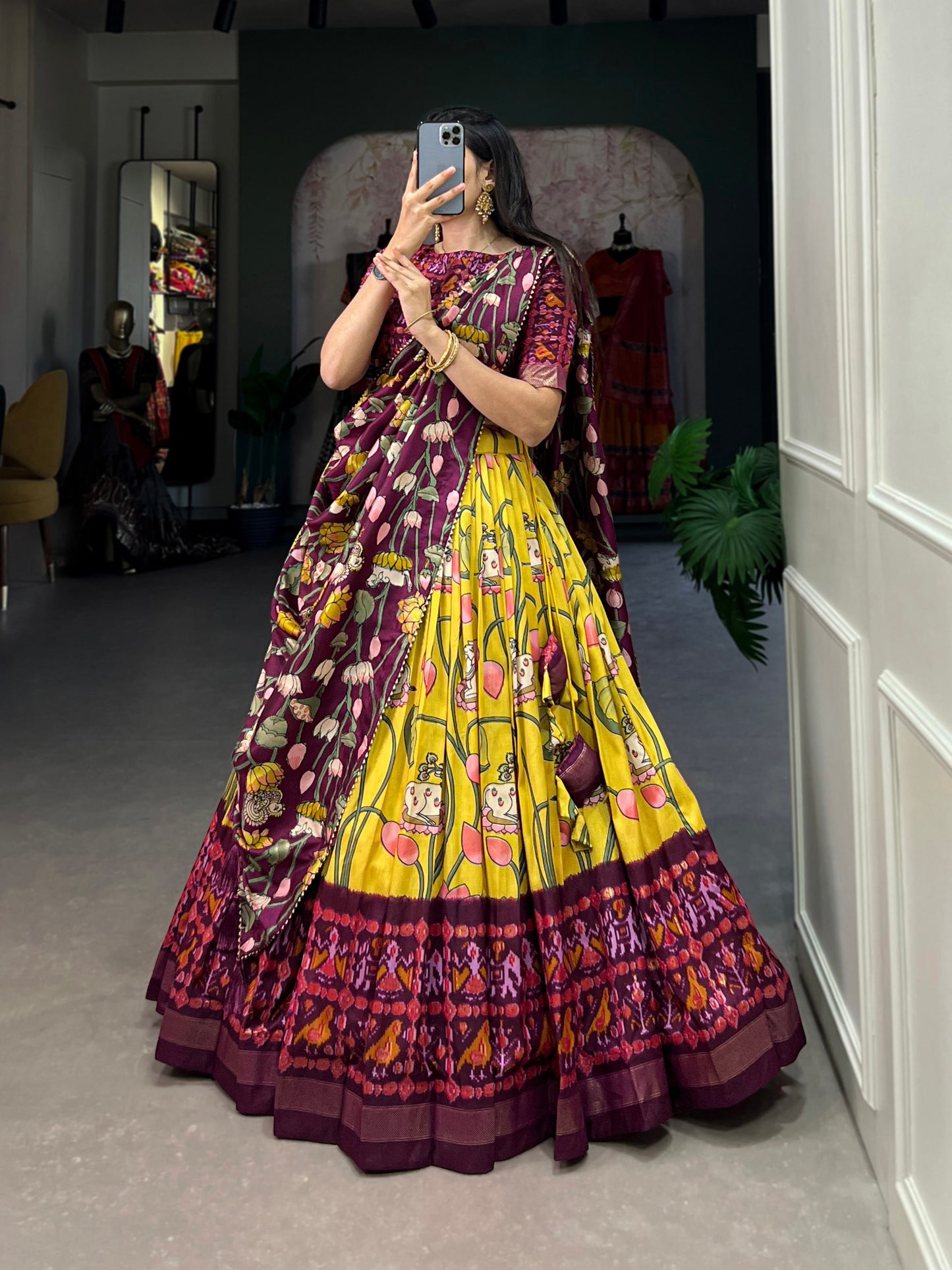 Tussar Silk Patola Print Yellow Lehenga Choli