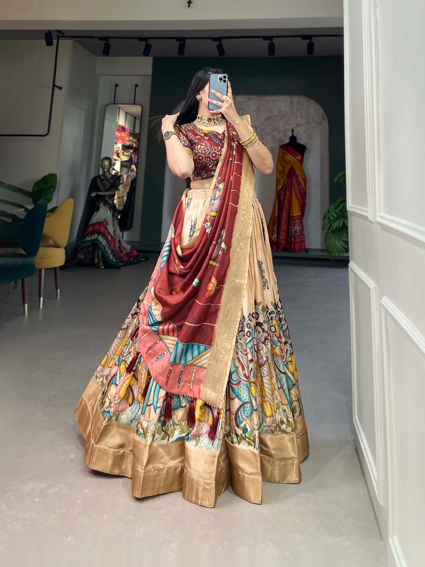 Amazing Cream Kalamkari Printed Dola Silk Festival Wear Lehenga Choli