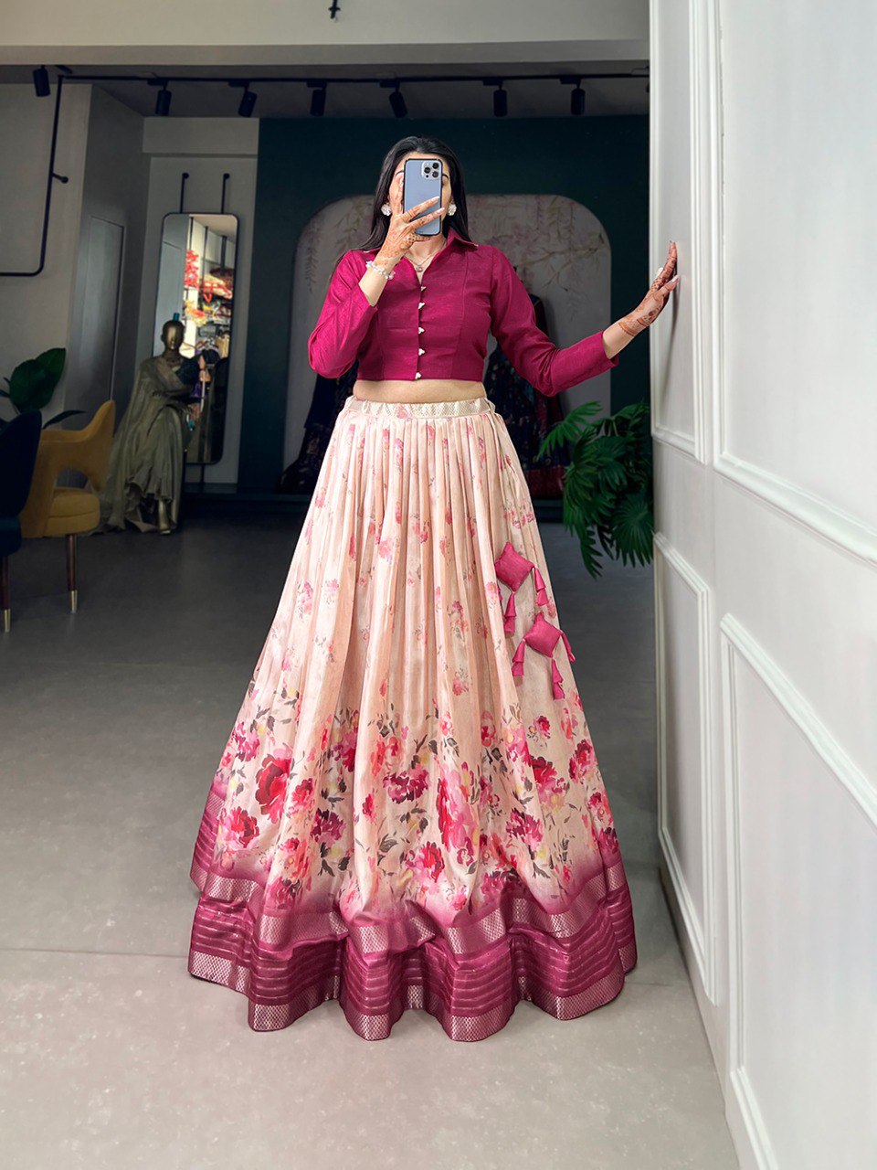 Rani Pink Color Floral Print With Sequins And Zari Border Dola Silk Co-ord Set Lehenga