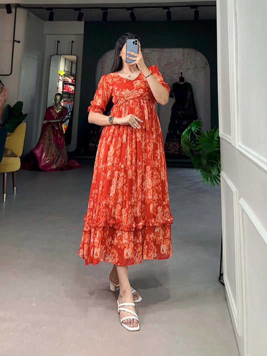 Orange Floral Print Midi Dress with Puff Sleeves