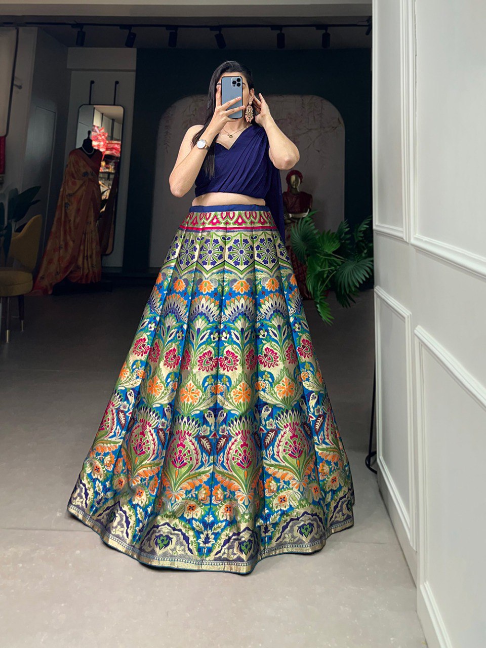 Banarsi Silk Zari Weaving work Navy Blue Lehenga Choli Set