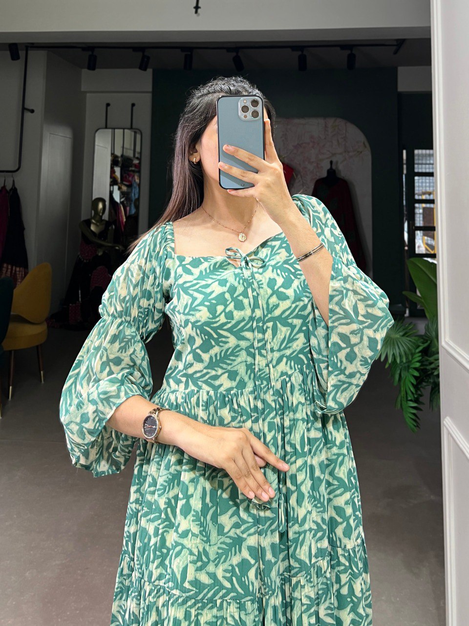 Leaf Print Tiered Boho Green Midi Dress with Bell Sleeves