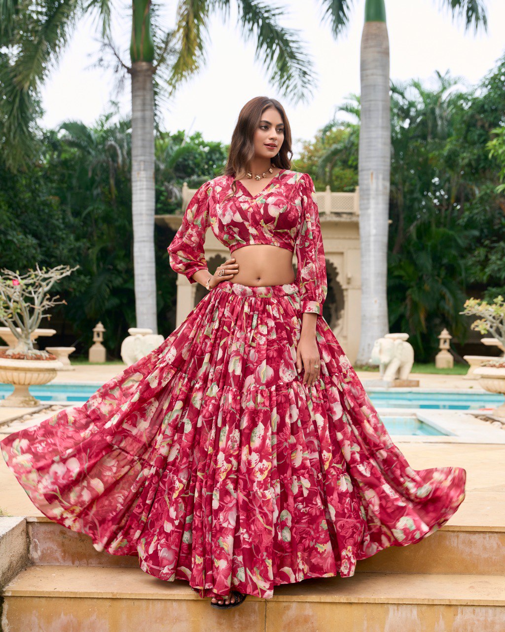 Maroon Faux Georgette Floral Printed Readymade Lehenga With Fancy Blouse