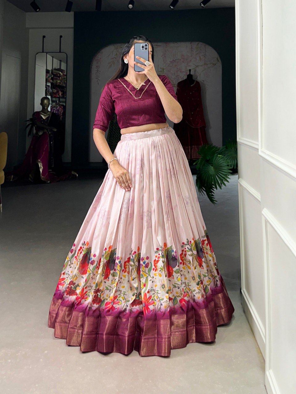 Elegance Wine Cotton Silk Ready to Wear Crop Top And Party Lehenga