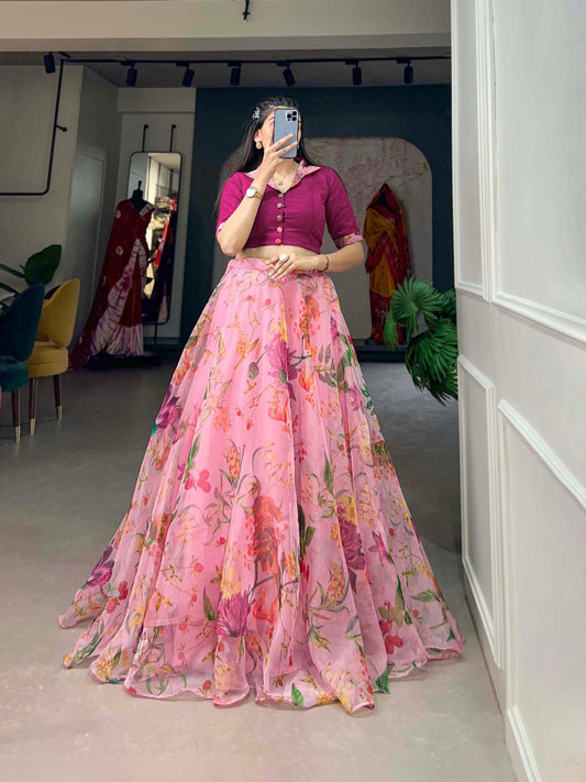 Party Wear Designer Light Pink Organza Floral Print Lehenga And Blouse