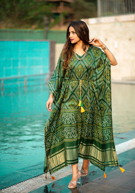 Green Color Digital Bandhni Printed Pure Gaji Silk Kaftan