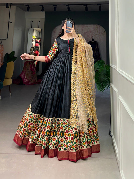 Aesthetic Black Color Dola Silk Print Foil Work With Dupatta Gown