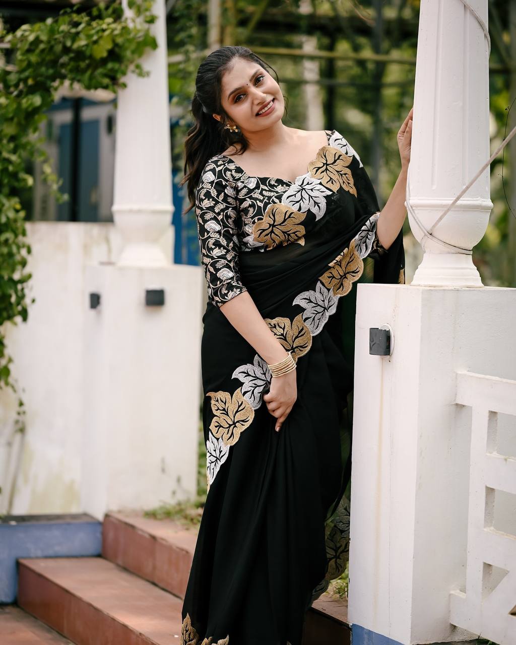 Silver And Gold Maple Leaf Black Satin Chiffon Saree