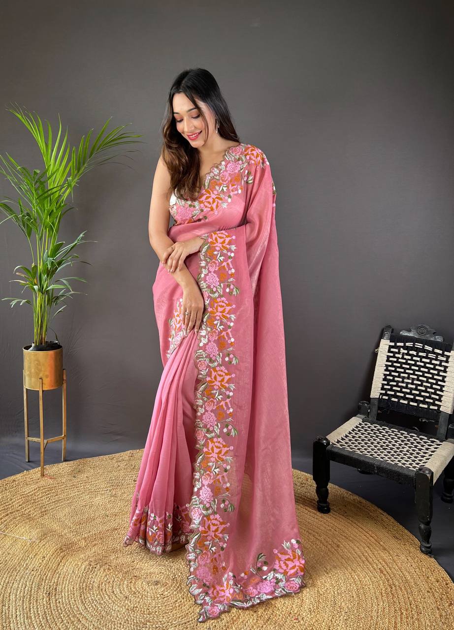 Designer Cross Stitch Floral Embroidery Cut Work Border Pink Glossy Silk Saree With Blouse