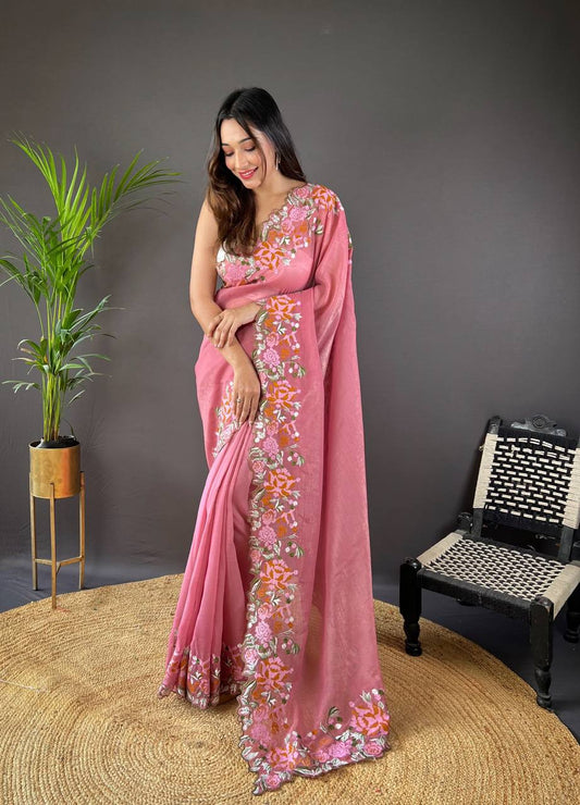 Designer Cross Stitch Floral Embroidery Cut Work Border Pink Glossy Silk Saree With Blouse