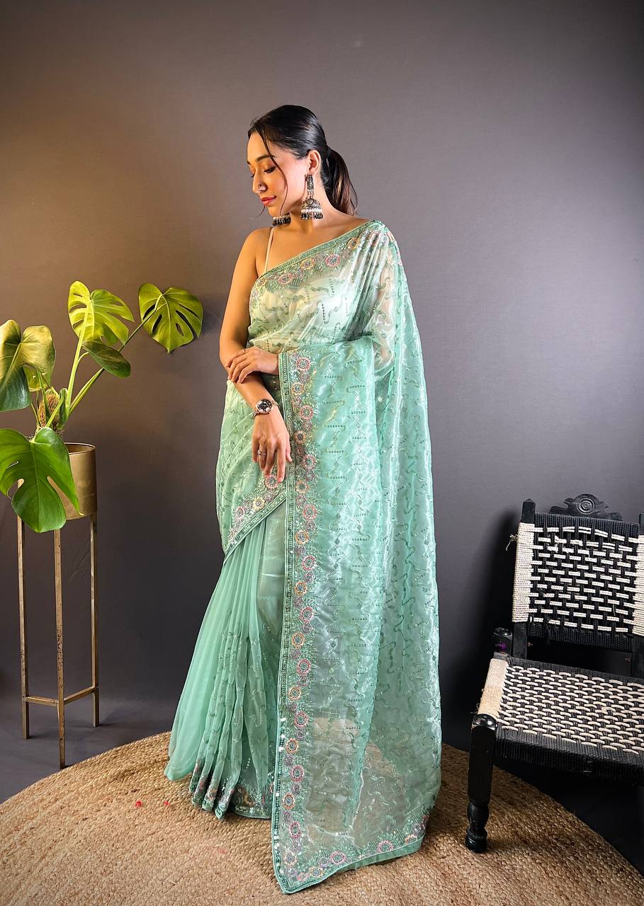 Light Green Tissue Silk Embellished Saree With Unstitched Blouse