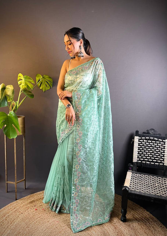 Light Green Tissue Silk Embellished Saree With Unstitched Blouse