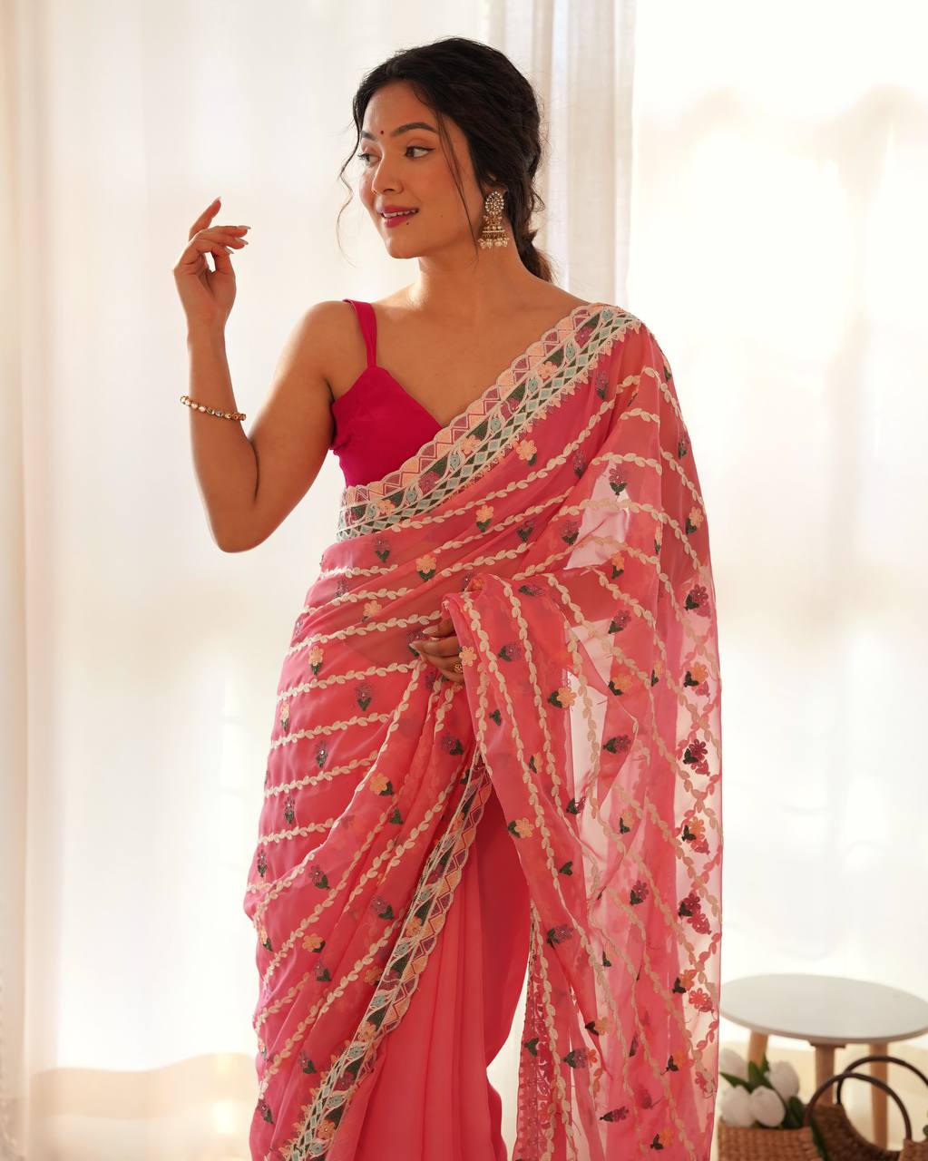 Pink Emroidery Worked Organza Silk Saree