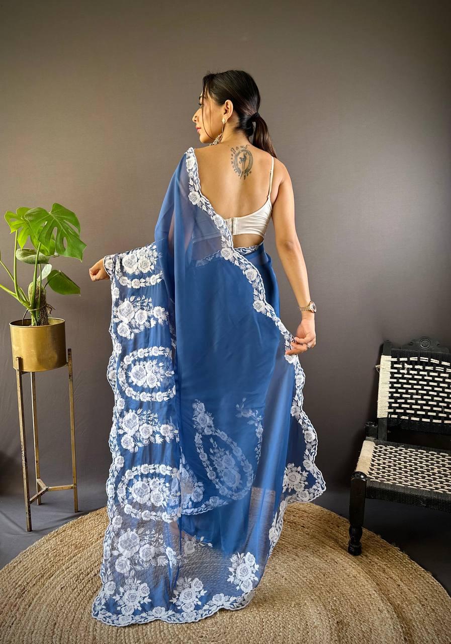 Blue Organza Embroidered Light Weight Saree