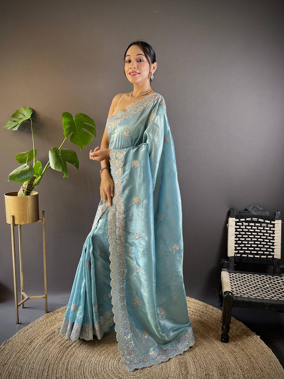 Light Blue Embroidered Work Soft Silk Saree