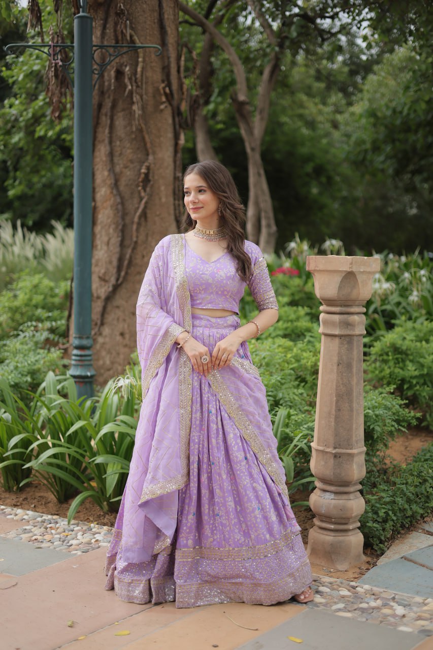 Beautiful Lavender Sequins Jacquard Wedding Wear Lehenga Choli