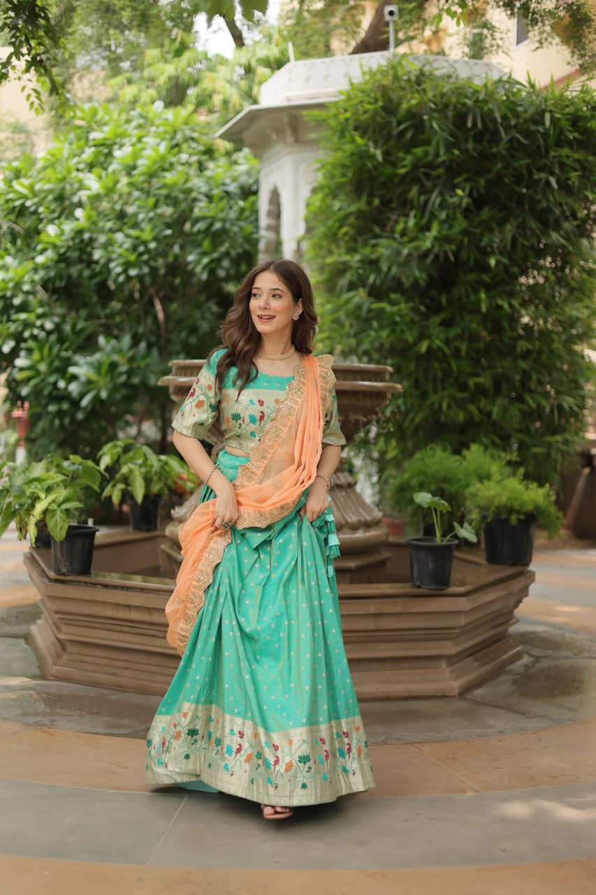 Meena Jacquard Pista Green Designer Lehenga Choli