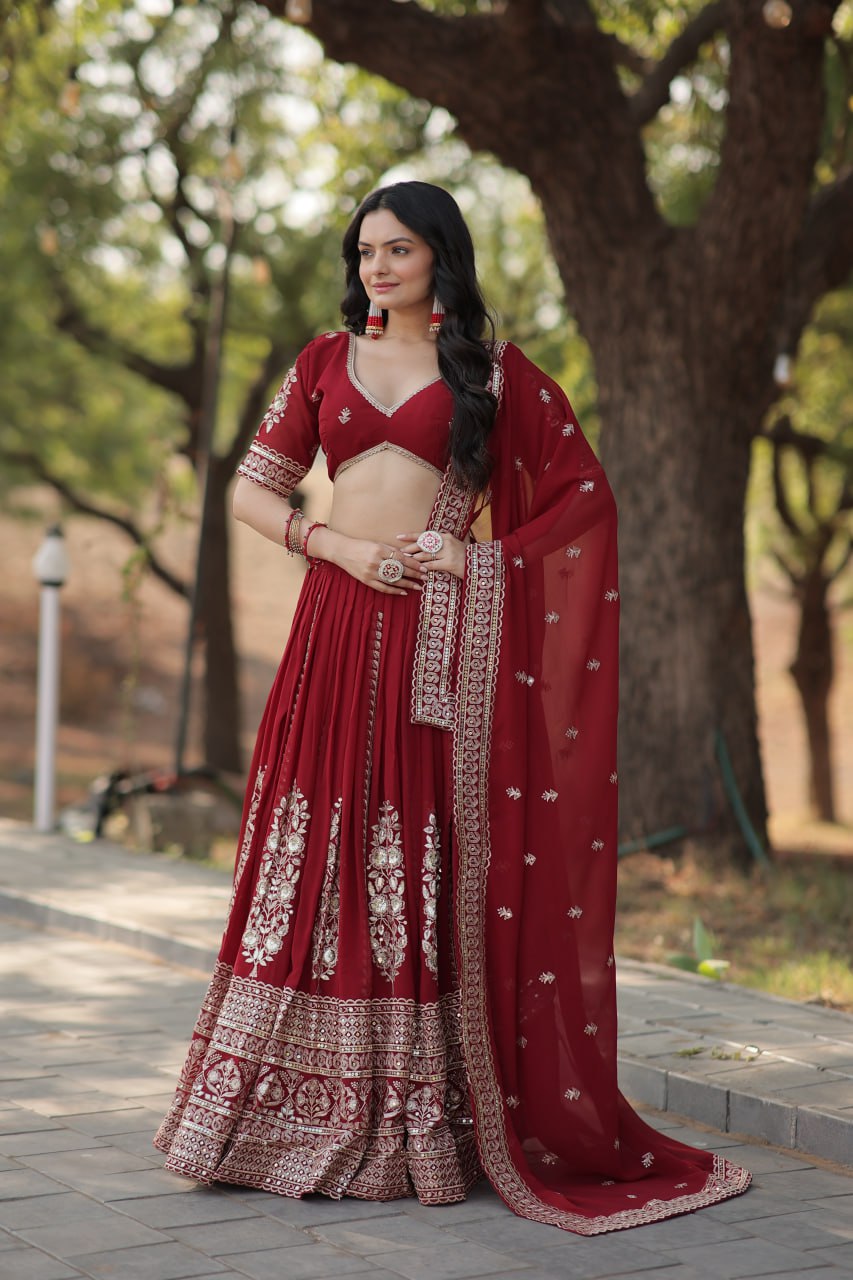 Maroon Sequin Embroidered Faux Blooming Georgette Lehenga Set