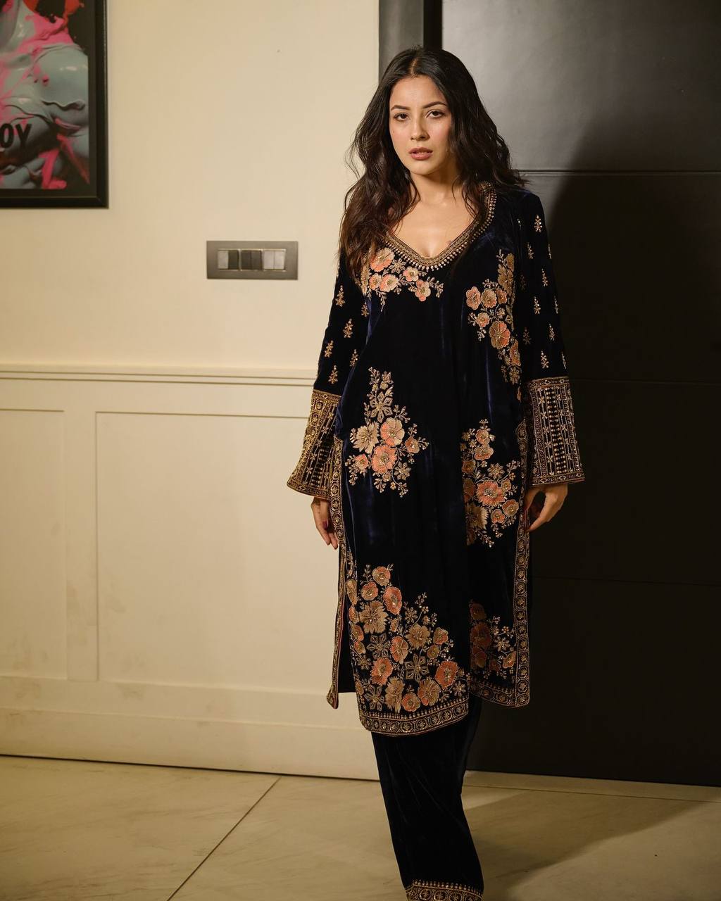 Shehnaaz Gill Blue Ready to wear Velvet Salwar Kurta