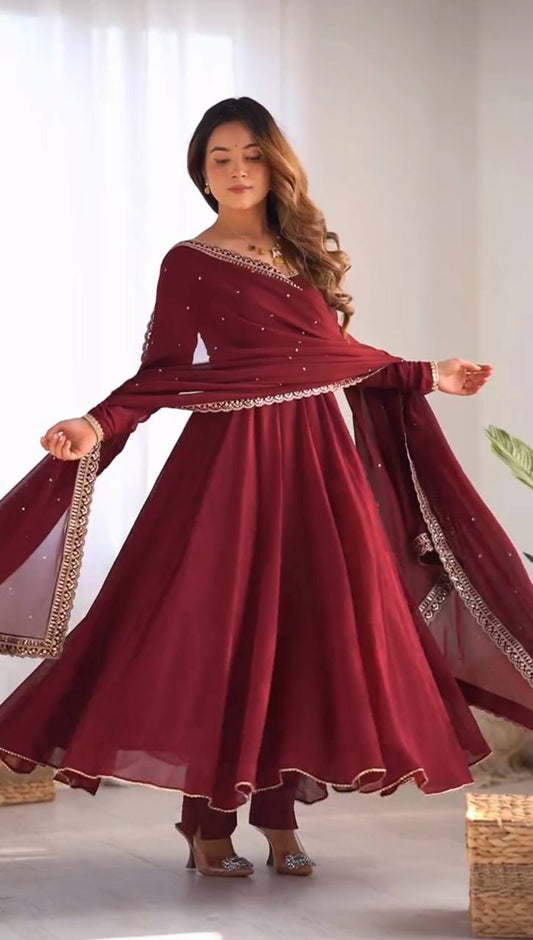 Maroon Color Georgette Base Embroidery Work Anarkali Suit Set Of 3
