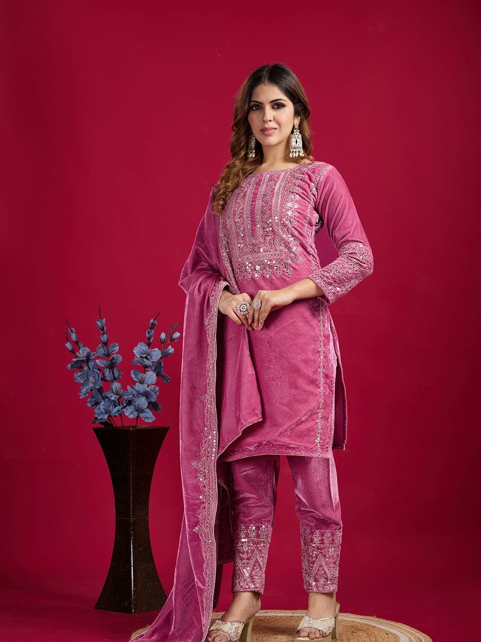 Pink Viscose Velvet Sequence Embroidery Work Salwar Suit