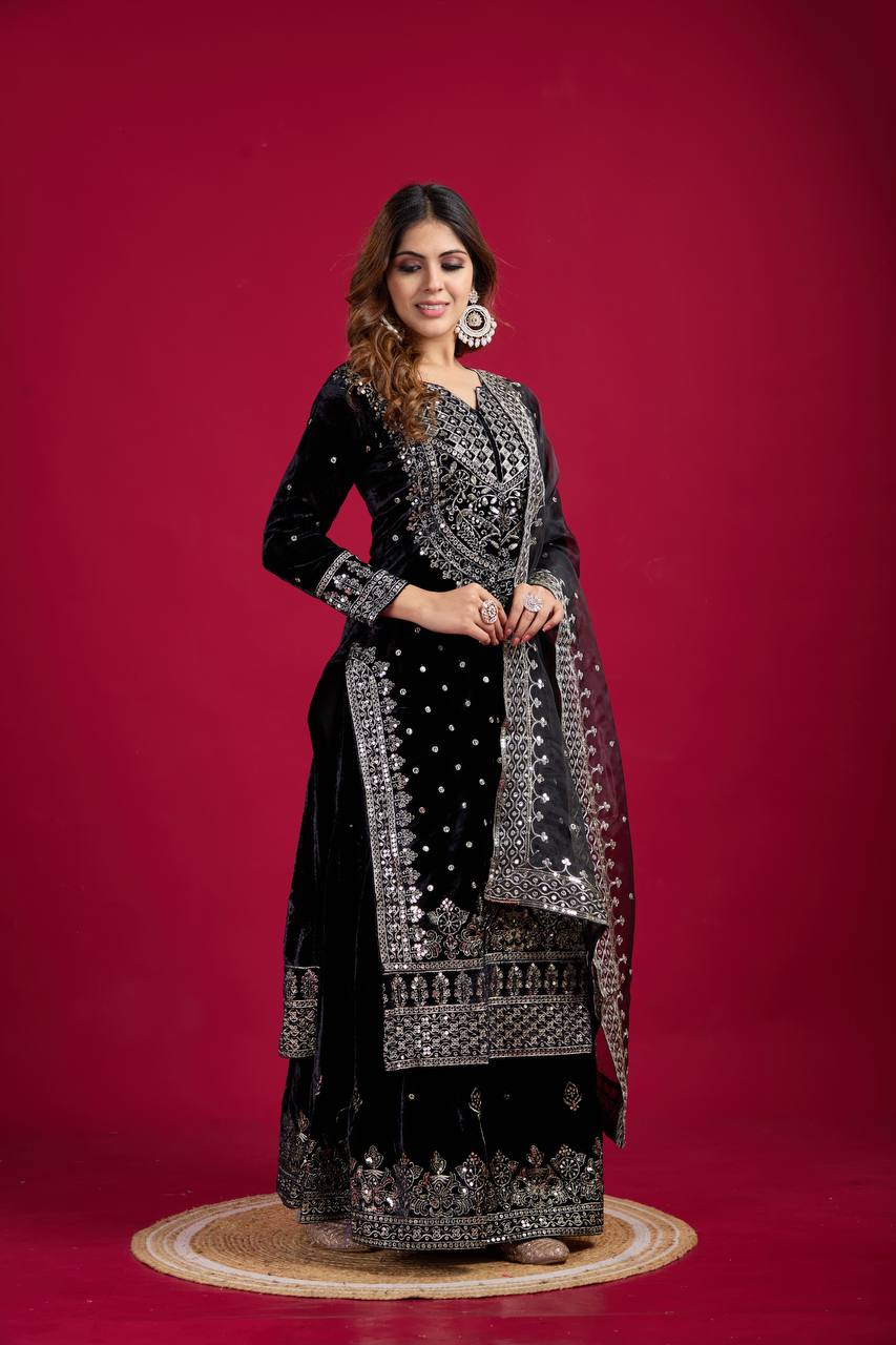 Black Velvet Kurta Sharara With Embroidery and Sequence Work With Dupatta