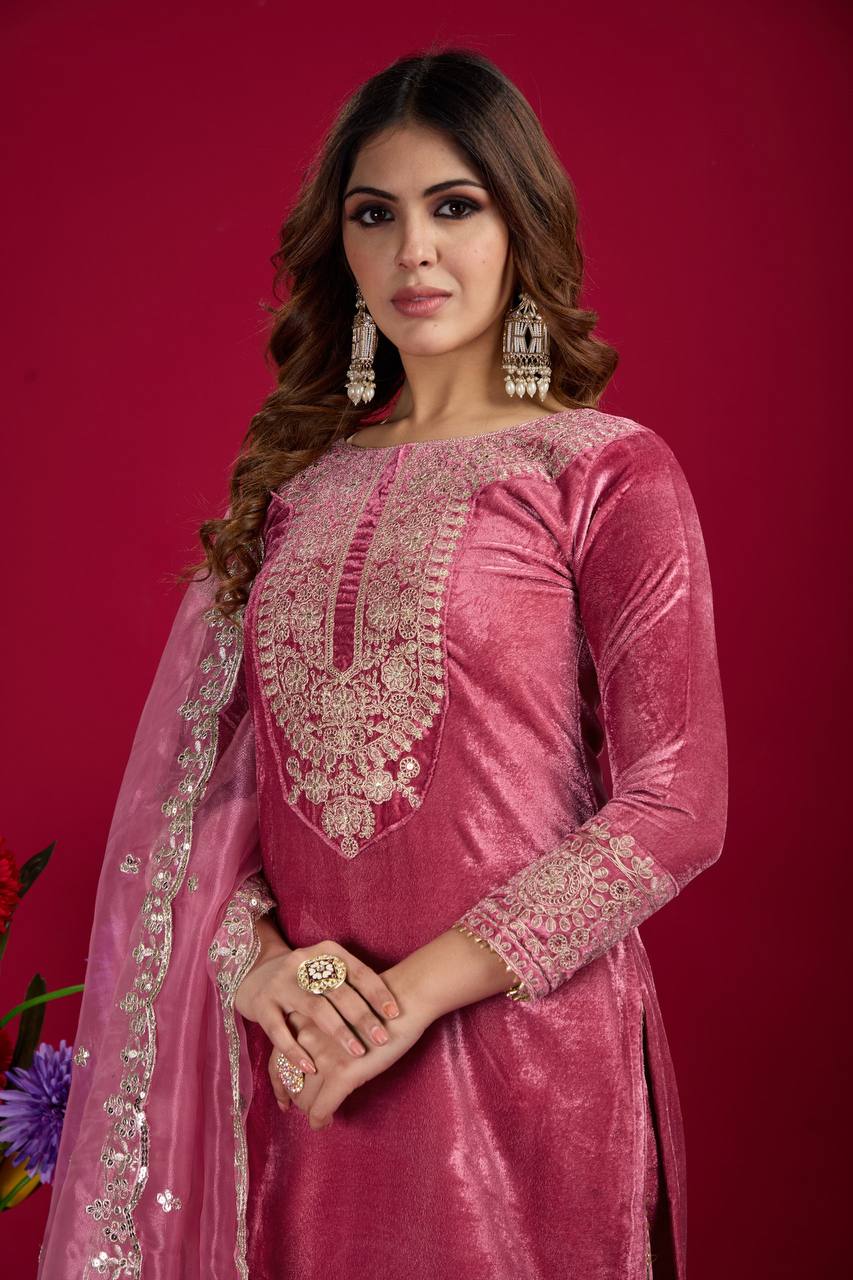 Function Wear Velvet Pink Color Salwar Suit With Duptta