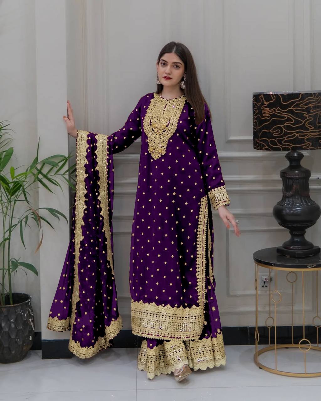 Purple Georgette Embroidery Sequence Work Top Sharara With Dupatta