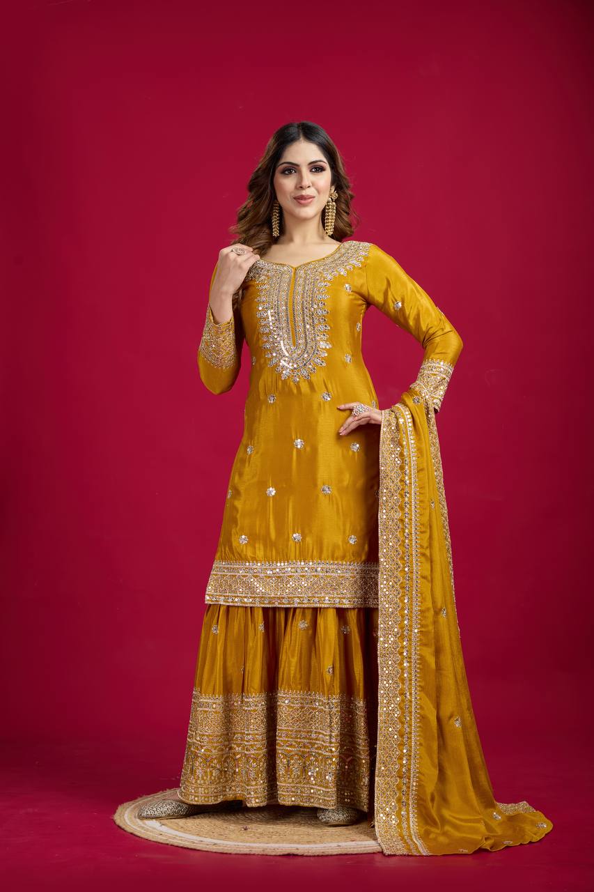 Yellow Chinnon Silk With Heavy Embroidery Sequence Work Top-Plazo And Dupatta Set