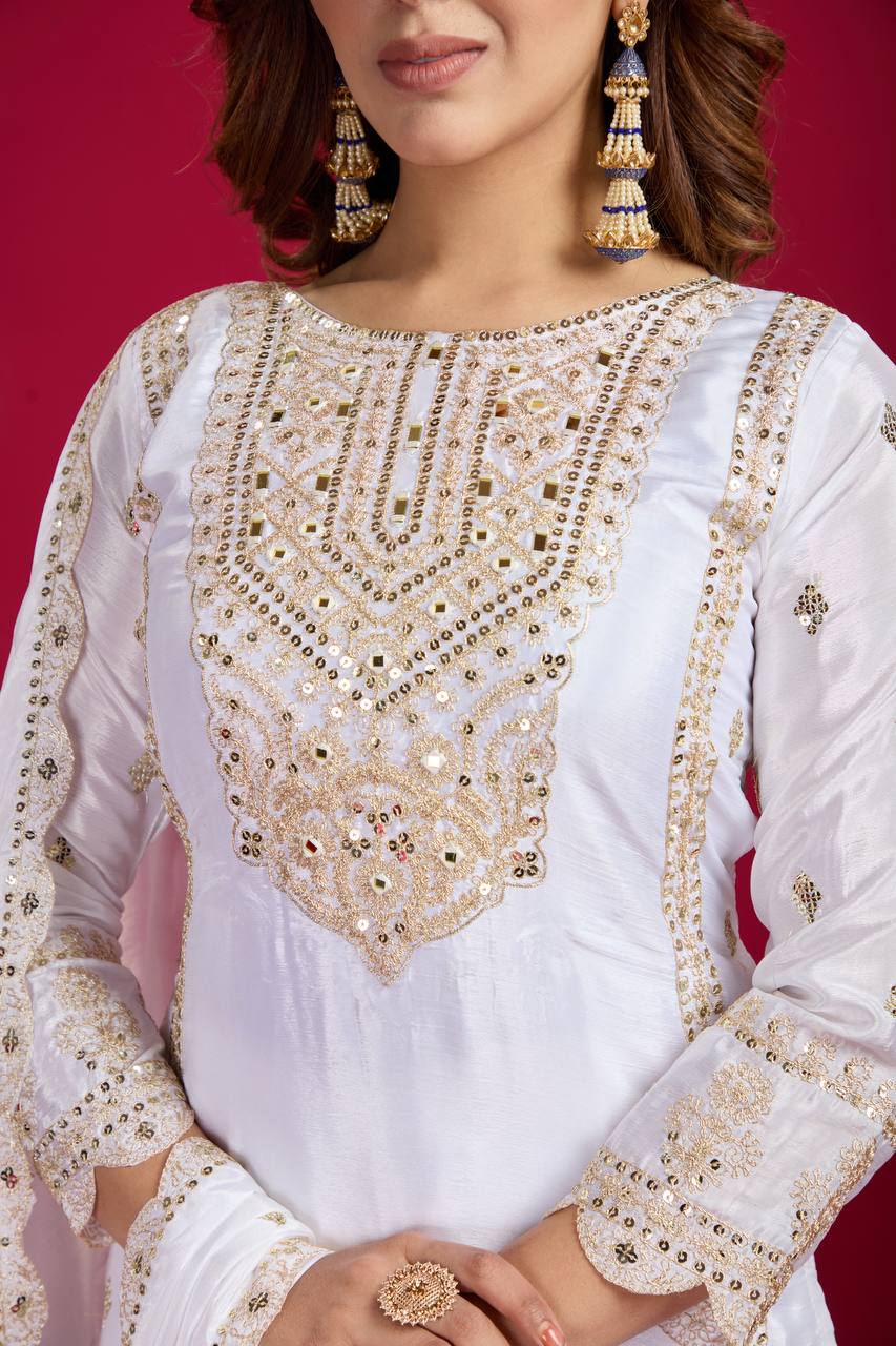 White Color Salwar Suit in Chinon With Heavy Sequins Embroidery and Real Mirror