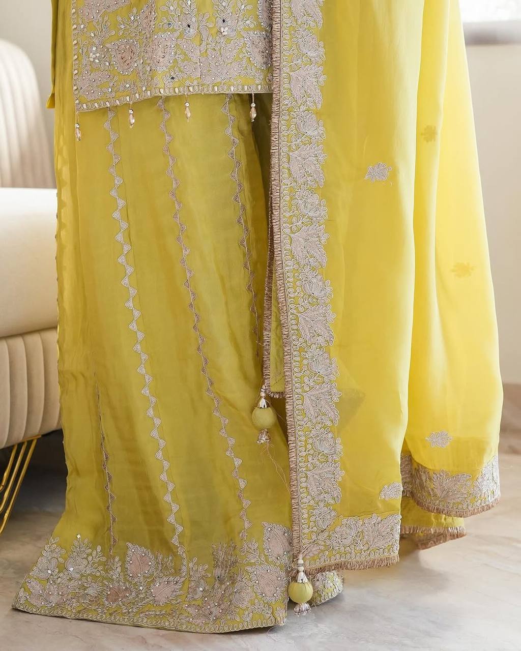 Heavy Chinon Silk With Heavy Embroidery Sequence Work Yellow  Kurta Sharara With Dupatta