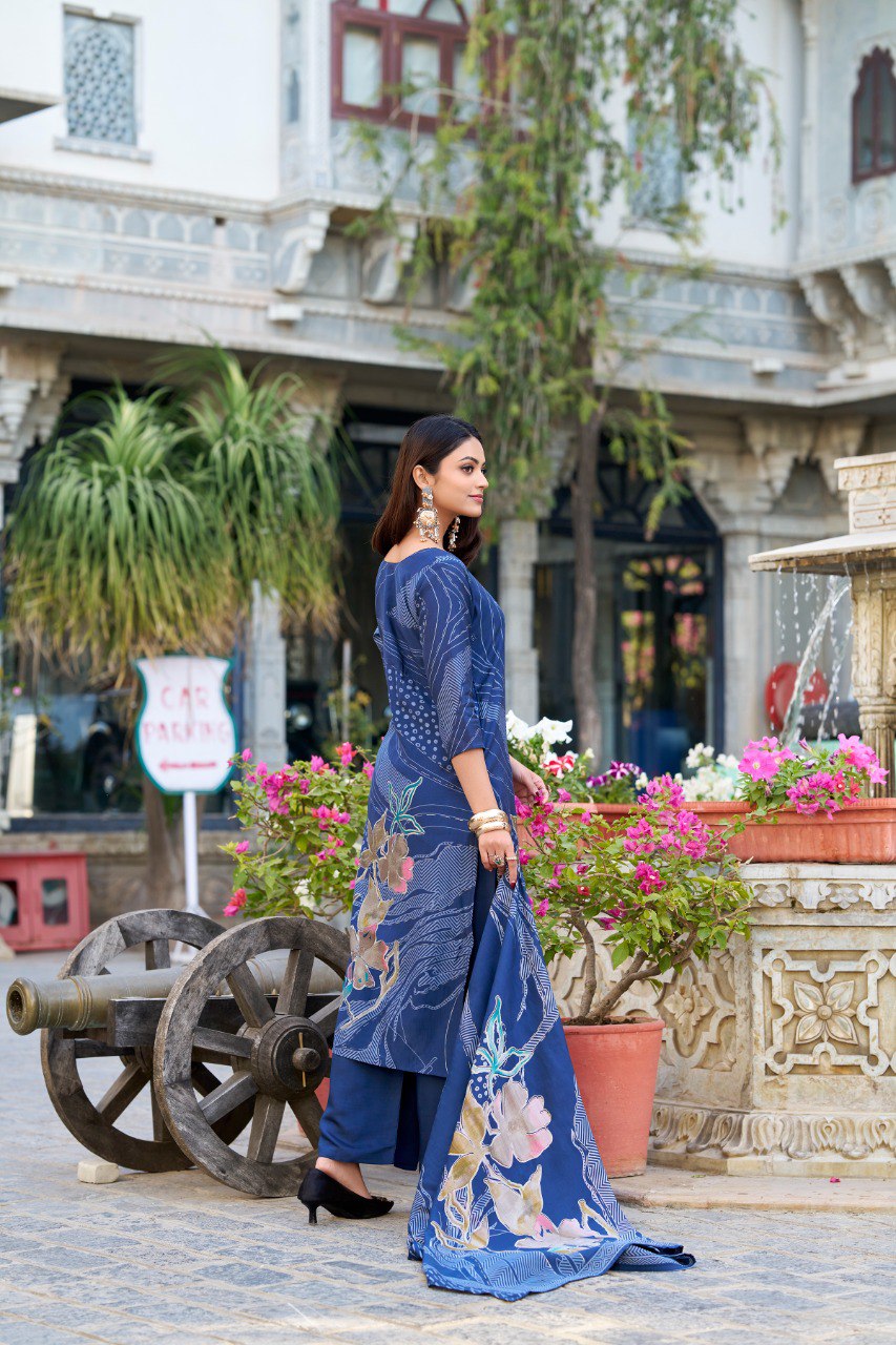 Incredible Navy Blue Floral Printed Silk Traditional Palazzo Suit