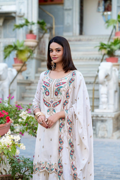 White Color Vichitra Silk Three Piece Kurti Suit