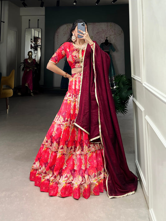 Red Color Tussar Silk Floral Printed Lehenga Choli