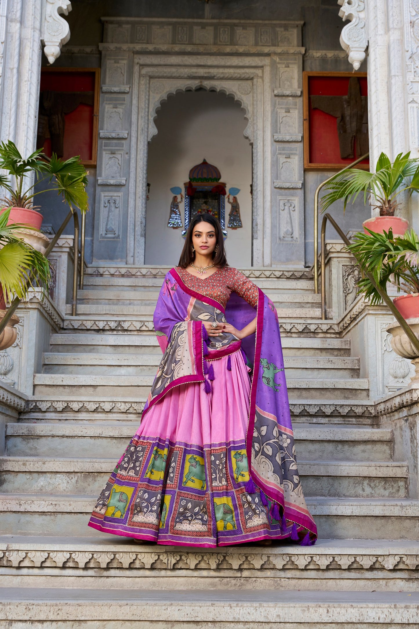 Pink Color Tussar Silk Kalamkari Printed Lehenga Choli